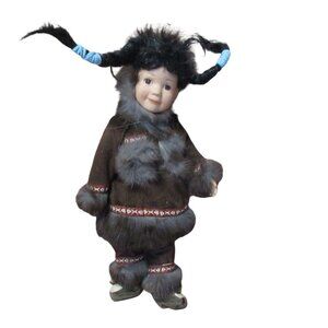 Vintage Native Indian Eskimo Doll Porcelain Head With Hooded Fur 13"